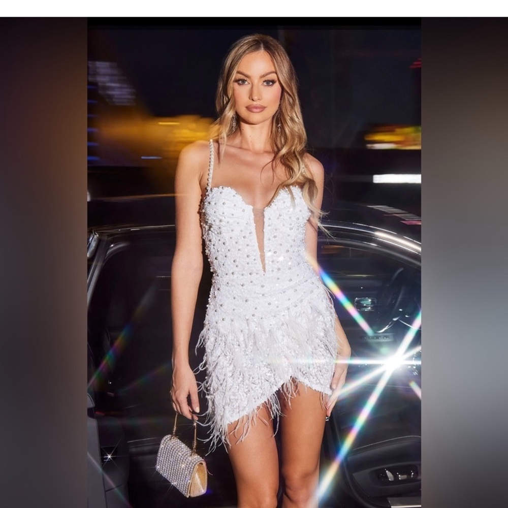 Gina Embellished Elegant White Beaded Dress Fashion Nova